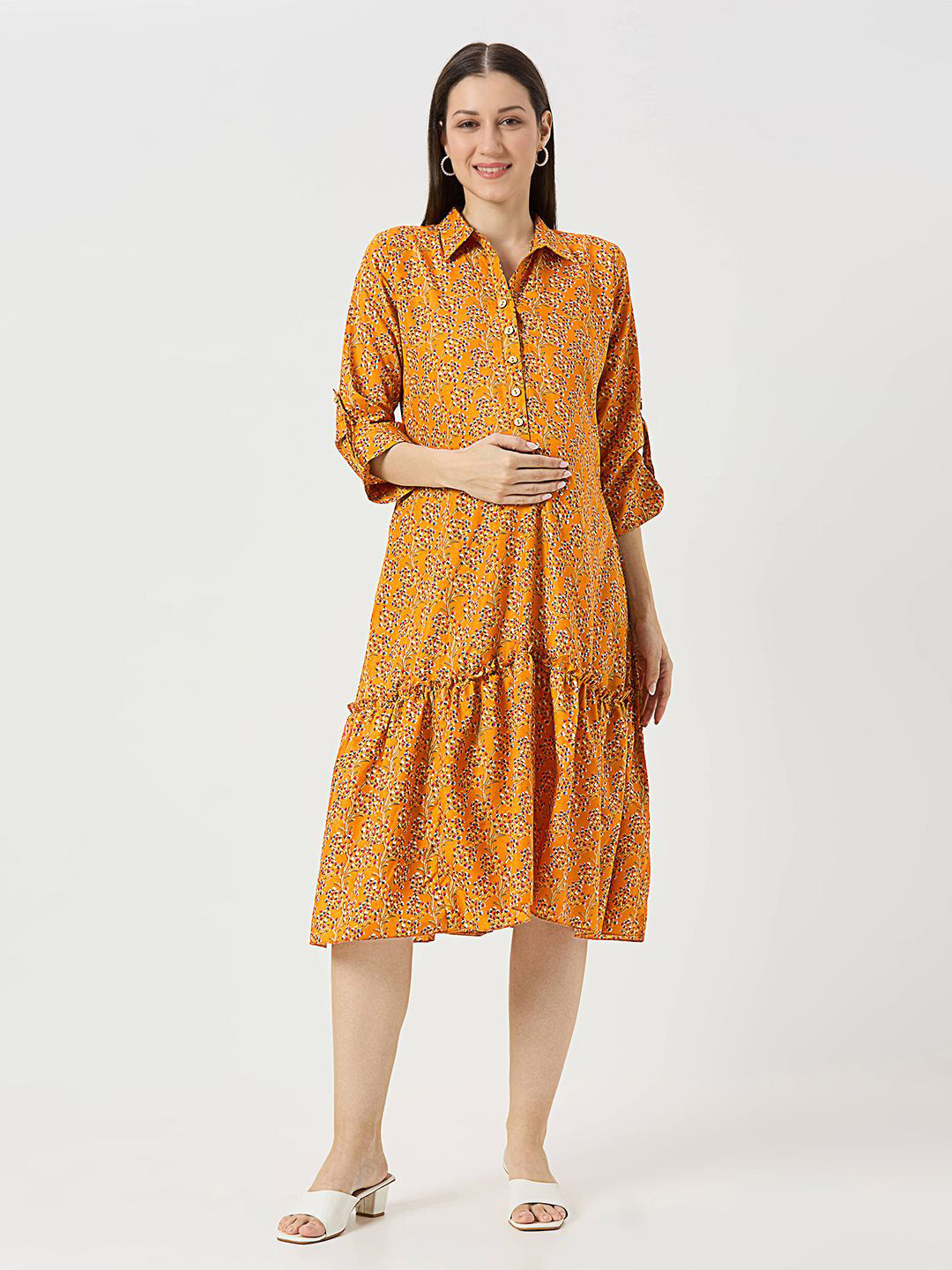 Mom For Sure by Ketki Dalal Women Floral Printed Maternity Shirt Midi Dress