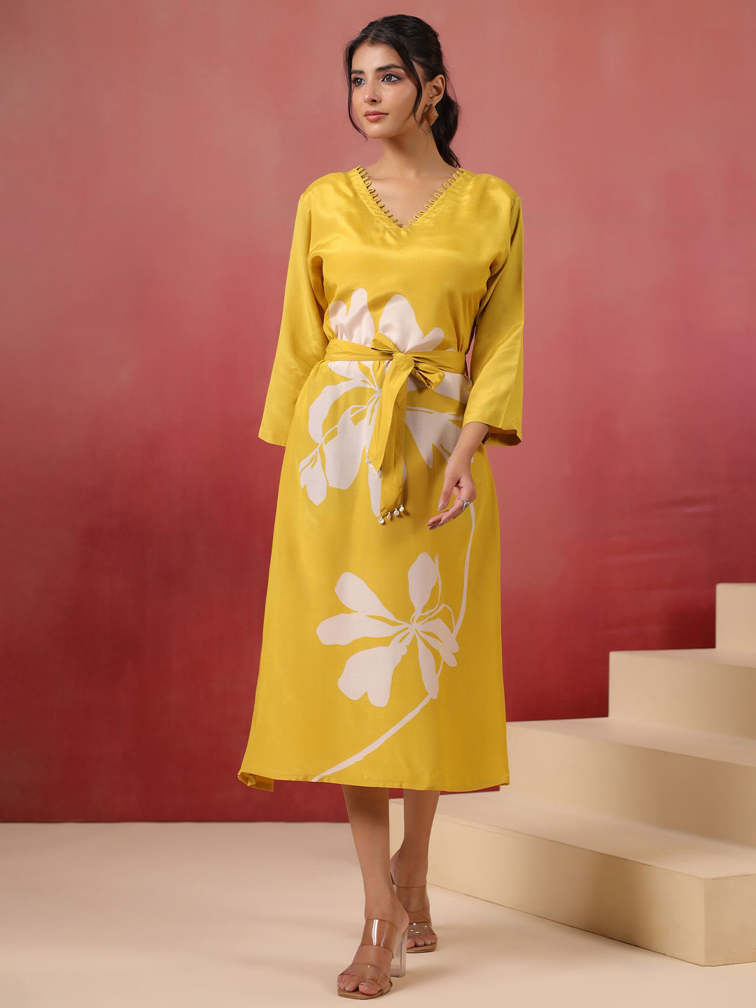 JISORA JISORA Dress Collection Women Floral Printed Tie-Ups V-Neck A-Line Midi Dress