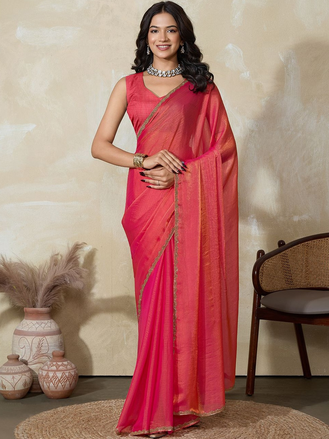 VASTRA-THE FACTORY STORE Embellished Beads & Stones Border Tissue Saree