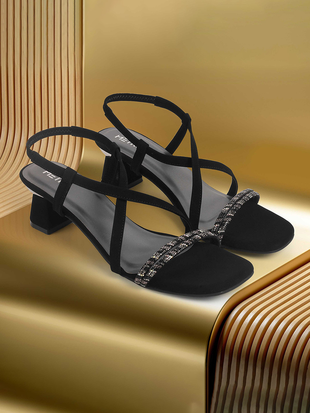 Metro Embellished Open Toe Block Mid-Top Heel Sandals