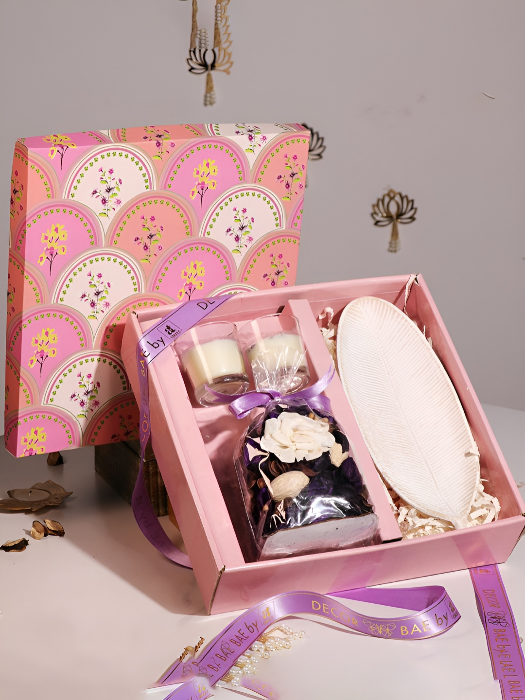 Art Street Diwali Gift Hamper Box with Mogra Scent Potpourri, Glass Candle and Tray