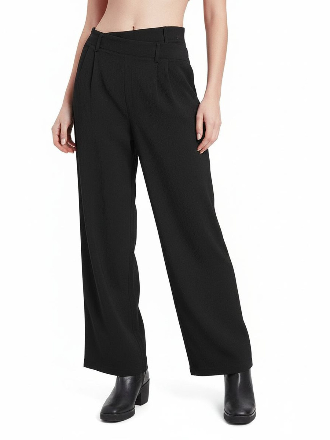 DressBerry Women Classic Cuts Textured Pleated Asymmetric Waist Trousers