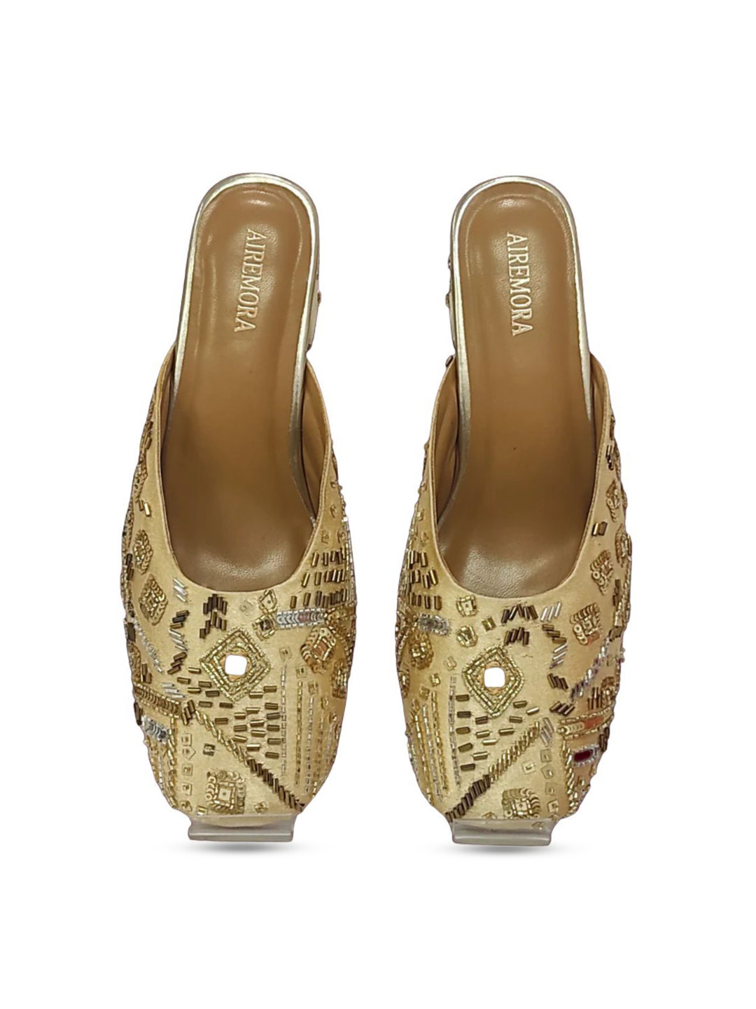 Airemora Embellished Fine Mirror Work Open Back Square Toe Block Mules Heels