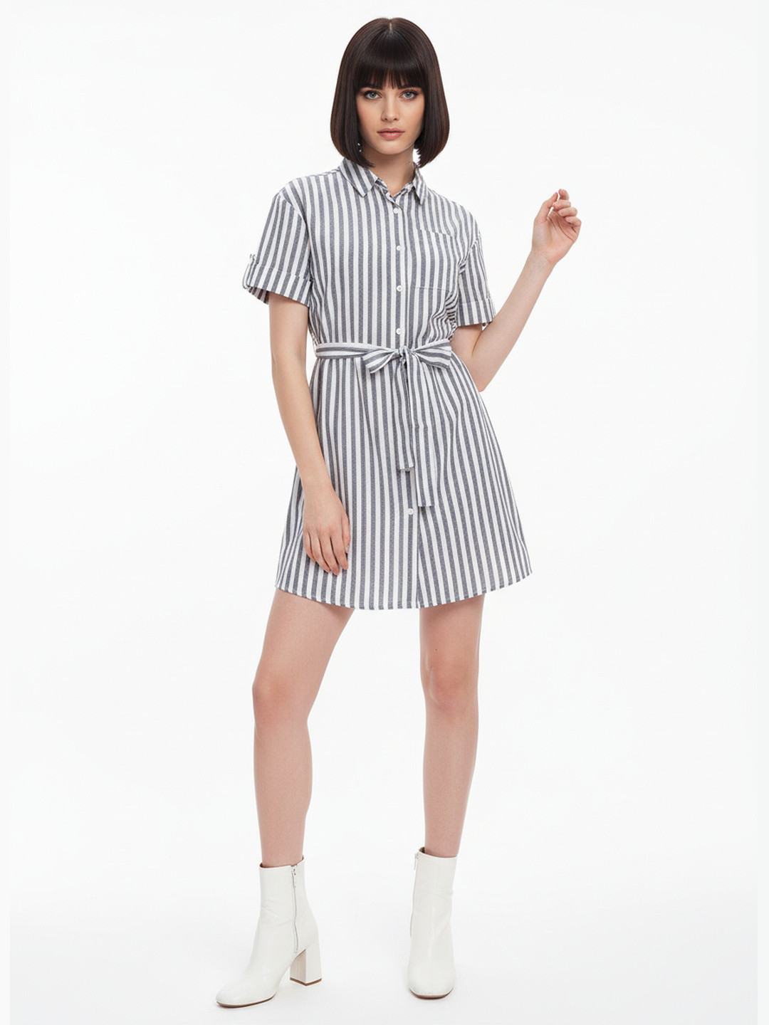 DressBerry Striped Shirt Mini Dress with Belt