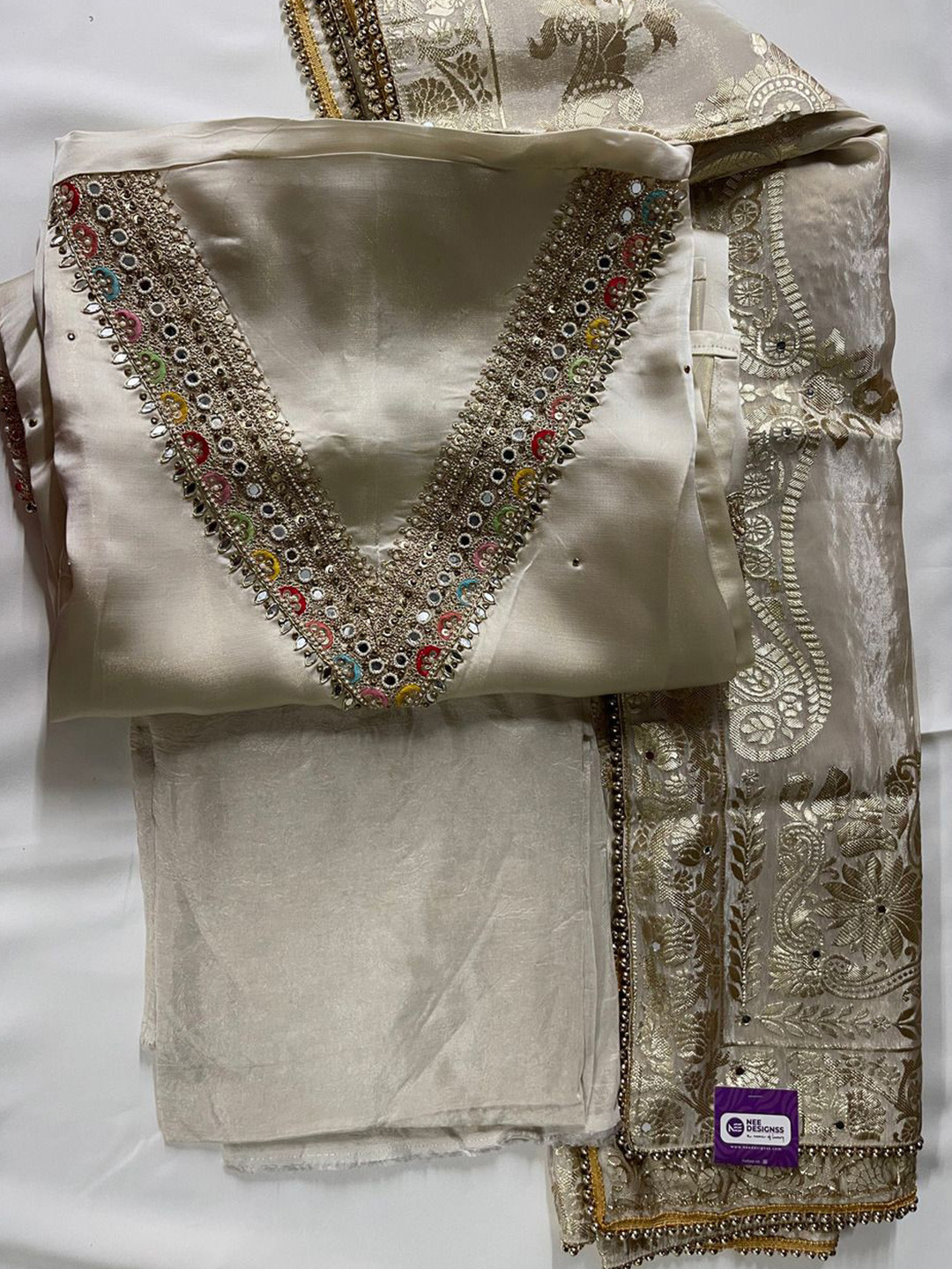 NEE DESIGNSS Embroidered Mirror Work Organza Unstitched Dress Material