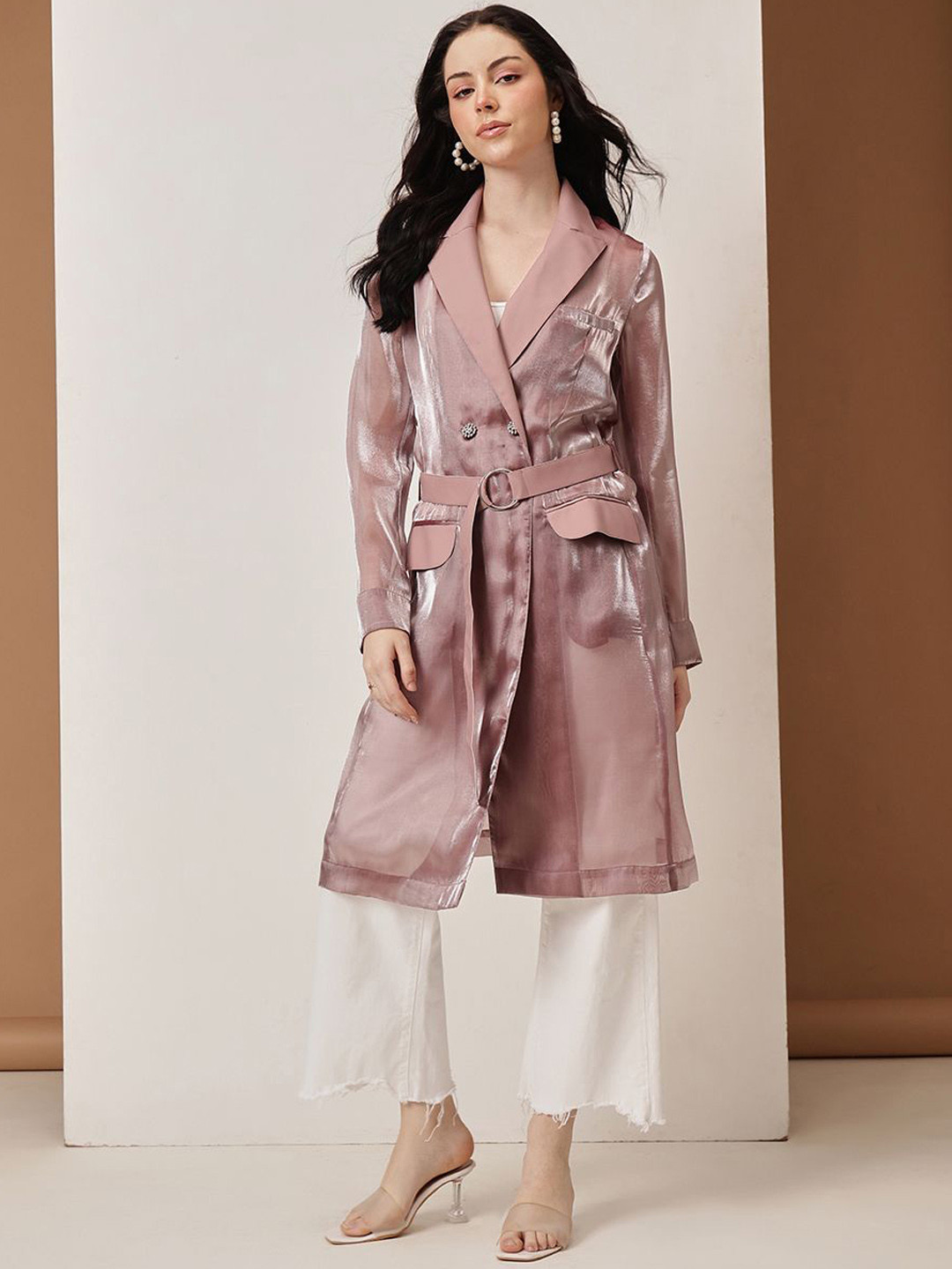 HOUSE OF S Women Metallic Tailored-Fit Double-Breasted Trench Coat