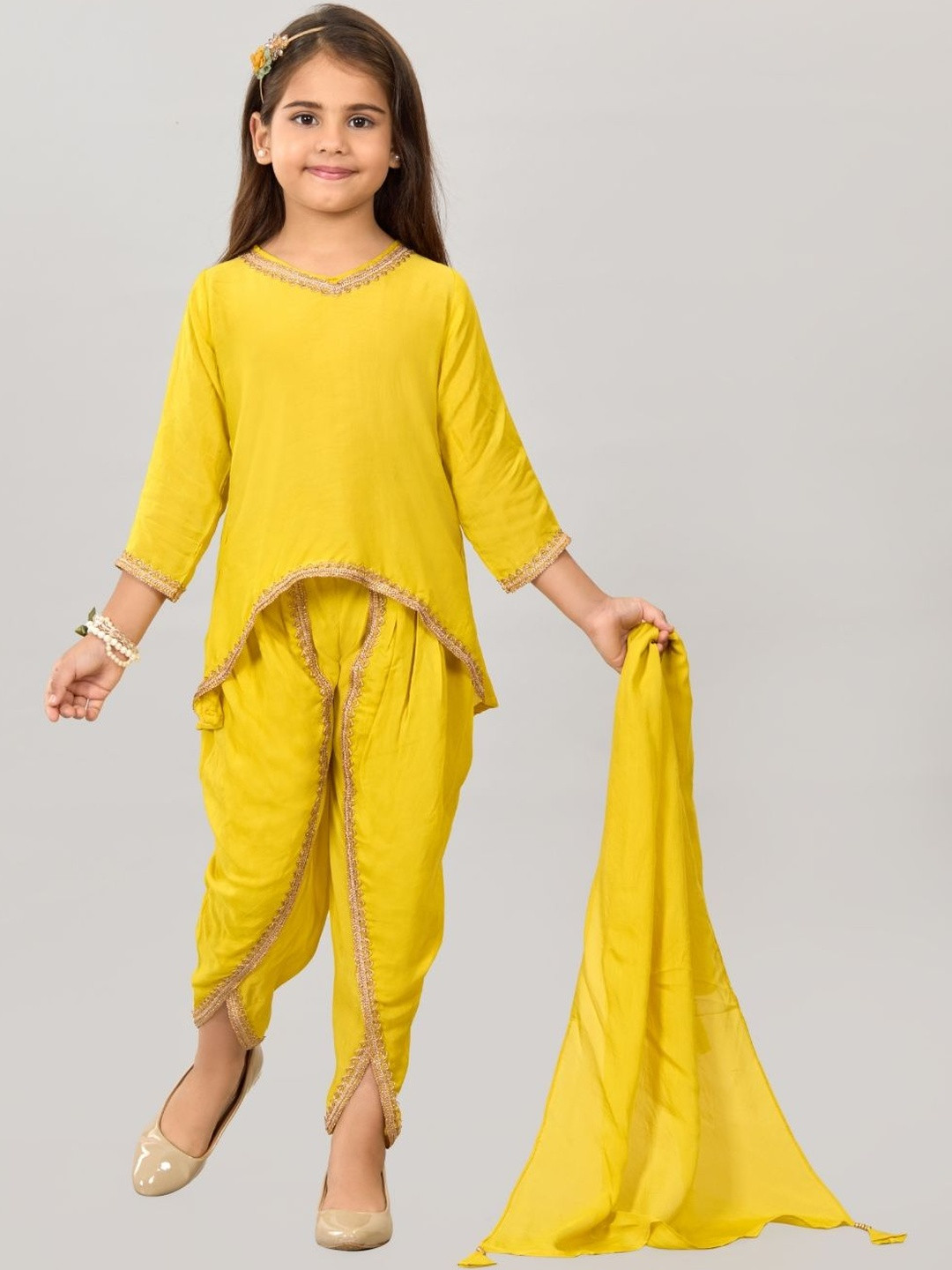 Pehanaava Girls Pure Cotton Angrakha Kurta & Dhoti Pants With Dupatta