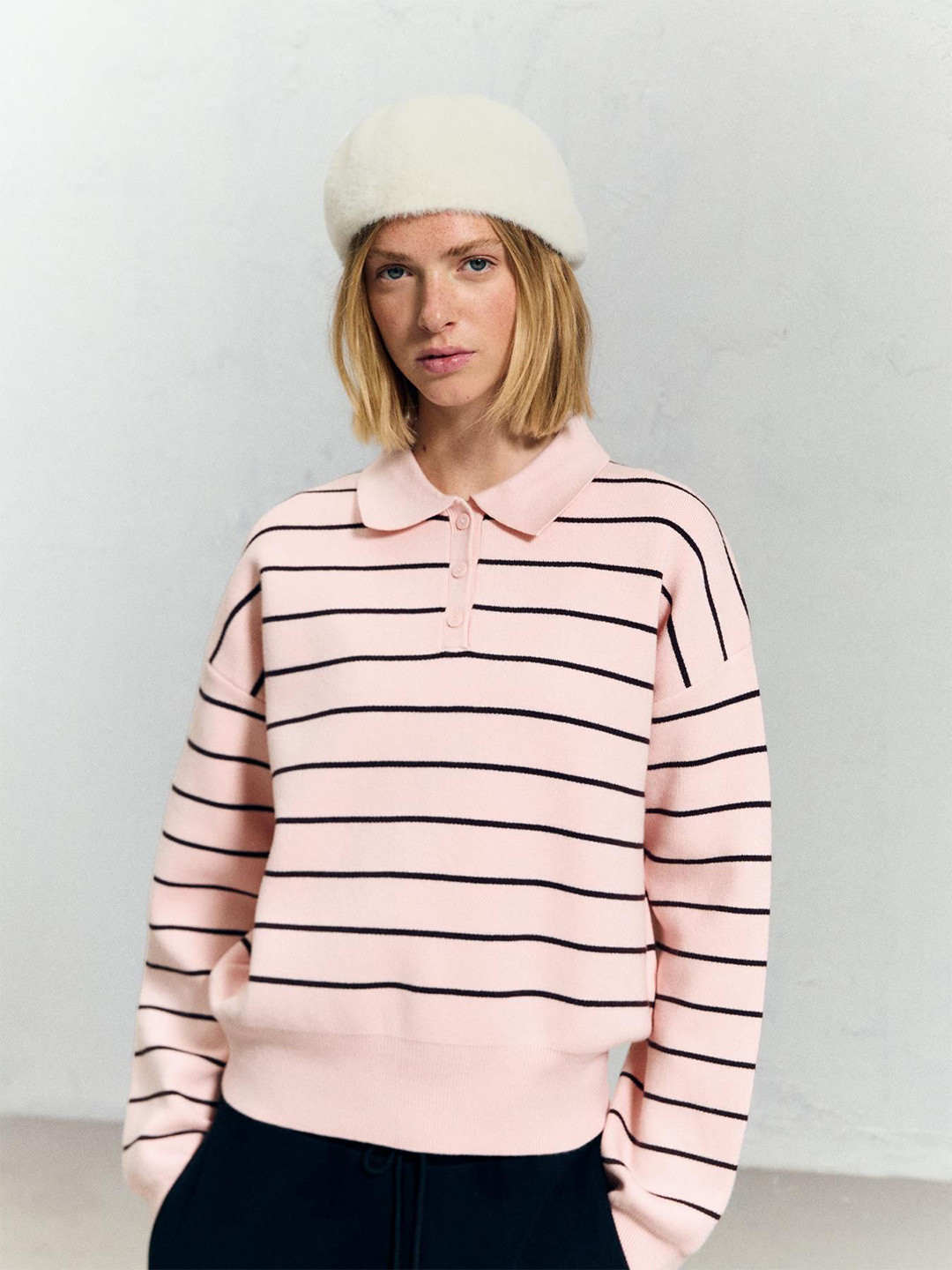 Bershka Women Cream Fuzzy Beret Beanie