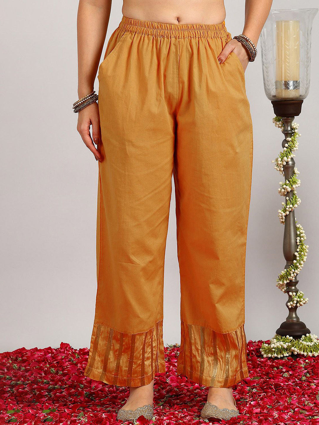 Tahiliya Women Relaxed Straight Leg Regular Fit Mid-Rise Tissue Silk Trousers