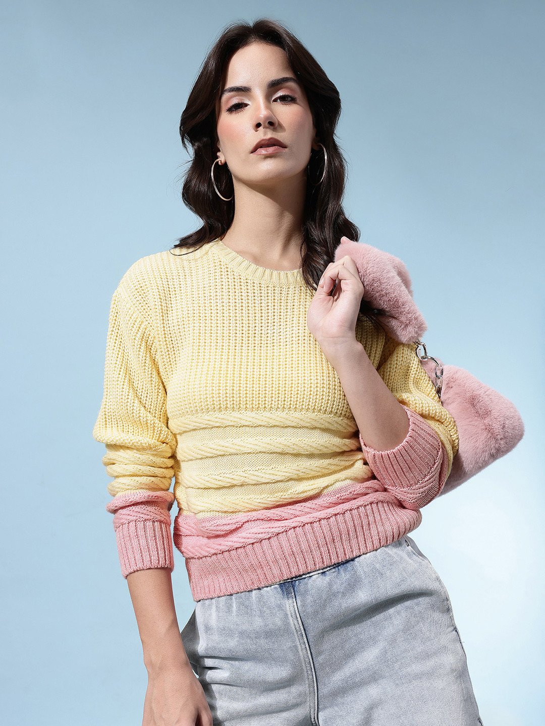 glitchez Cable Knit Colorblaocked Regular Fit Pullover