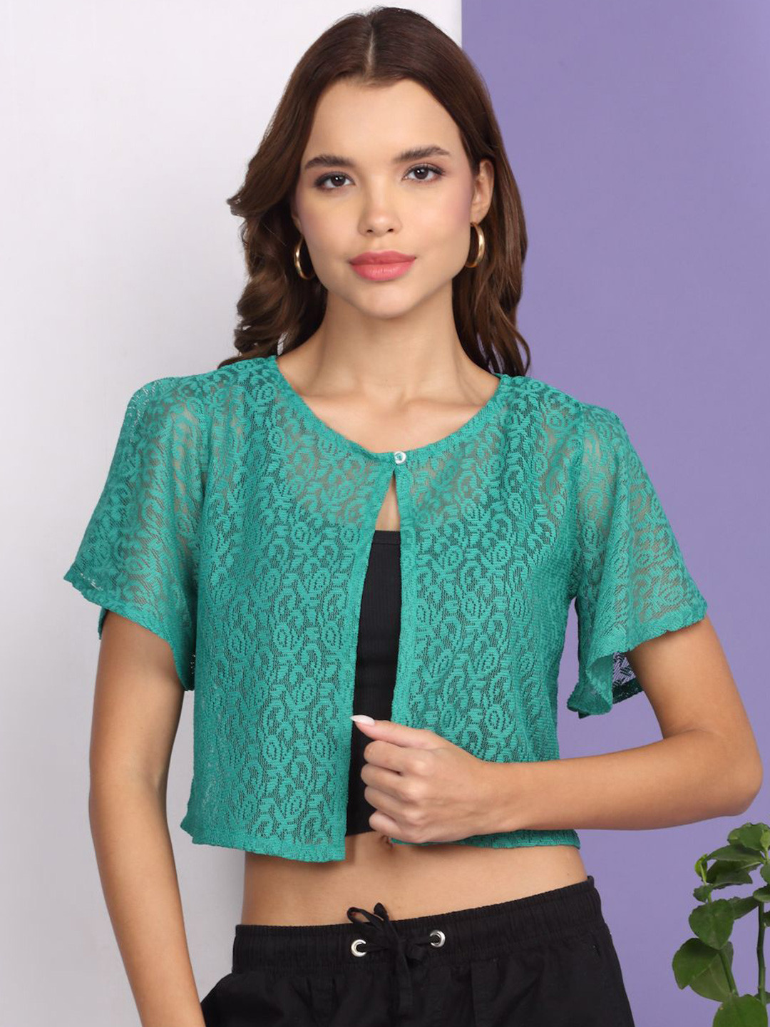 MORDEN MUSE Self Design Cotton Flared Sleeve Button Crop Shrug