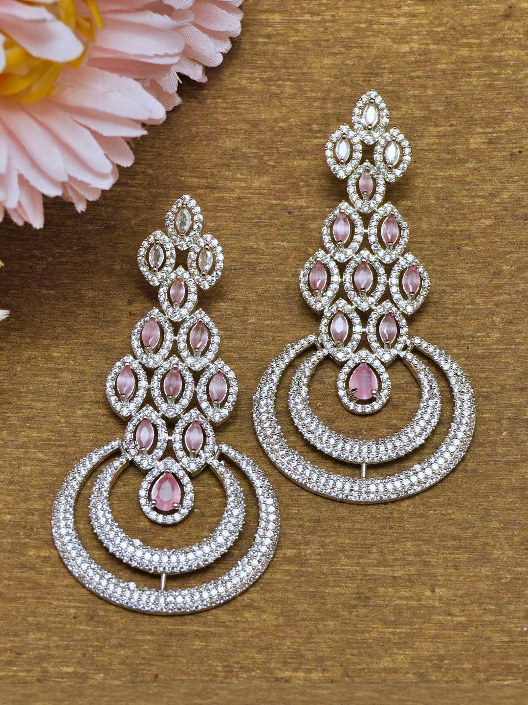 Gemron Jewel Rose Gold-Plated American Diamond Studded Teardrop Shaped Drop Earrings