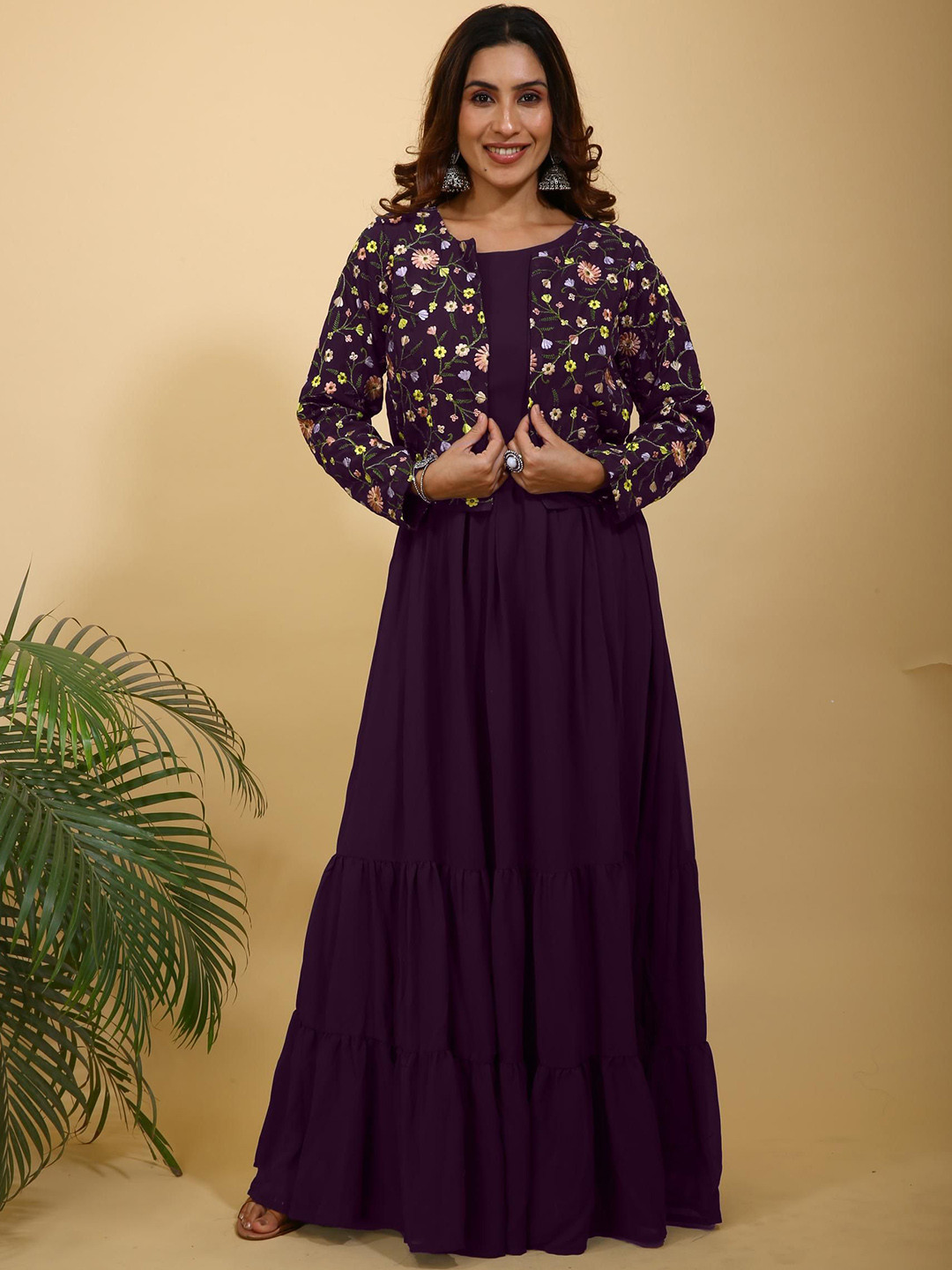 SANCIA Tiered Flared Georgette Ethnic Dress With Embroidered Crop Jacket