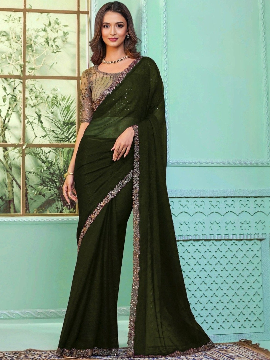 MADHUR HAND WORK ART Solid Sequinned Border Saree