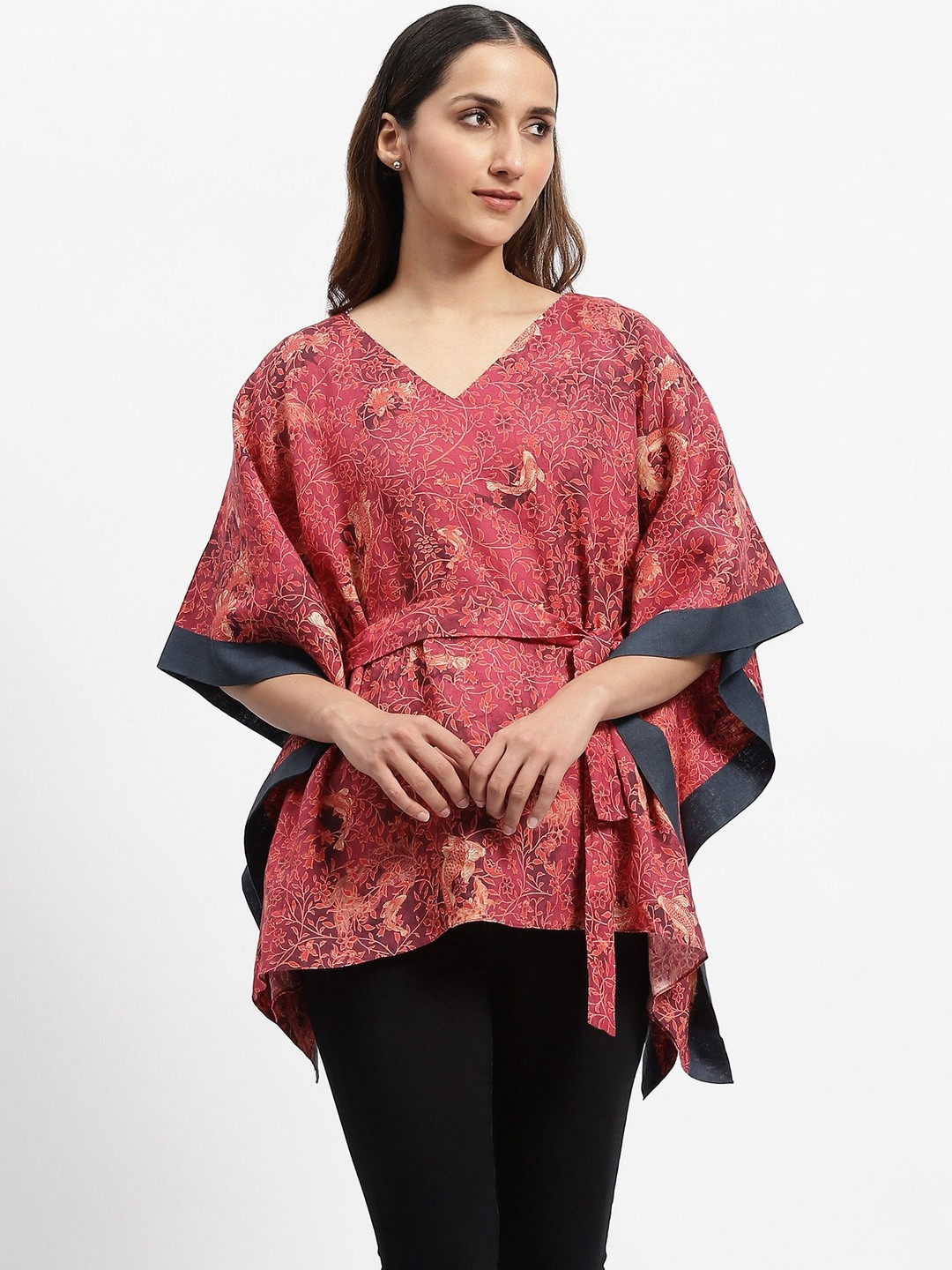 Satya Paul Women Floral Printed Batwing Sleeve Waist Tie-Ups Kaftan Top