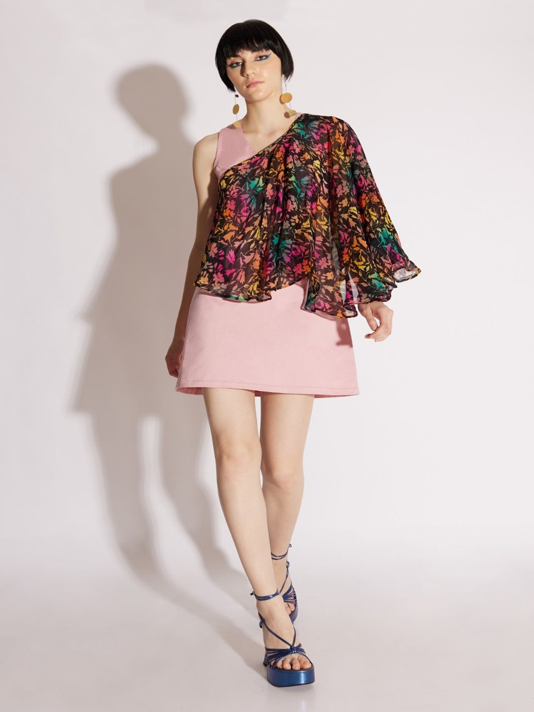 Mismatchd Floral Printed Cape Sleeve Above Knee Dress
