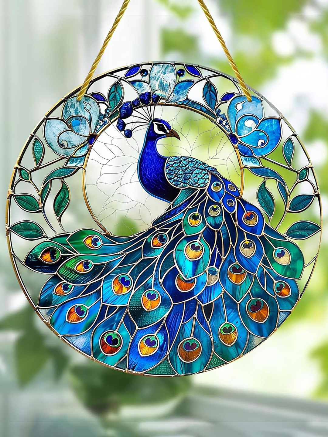 BS AMOR Blue & Orange-Colored Ornamented Hanging Peacock UV-Printed Suncatcher