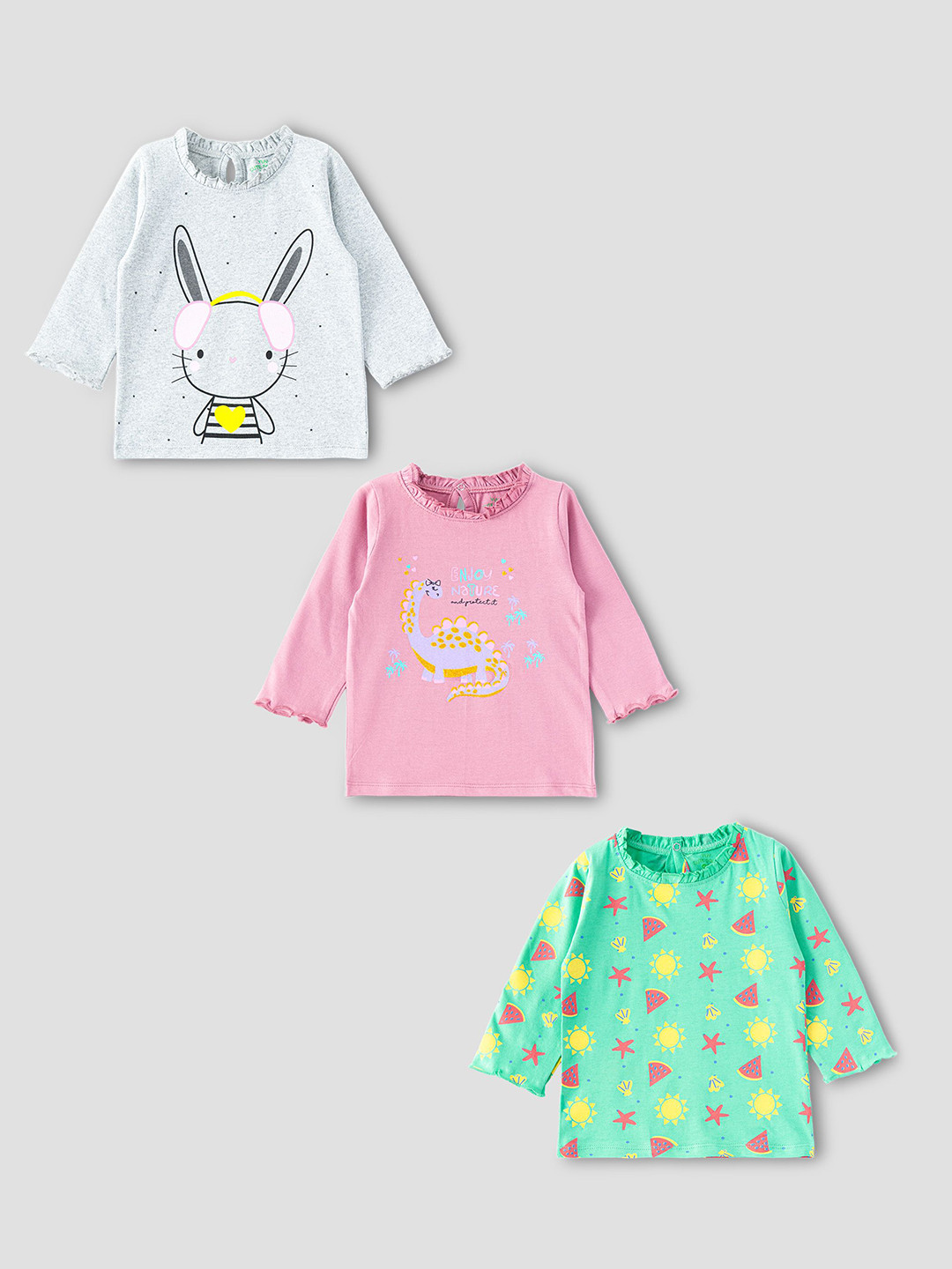 YUV Girls Pack Of 3 Printed Round Neck Long Sleeve Cotton T-shirts