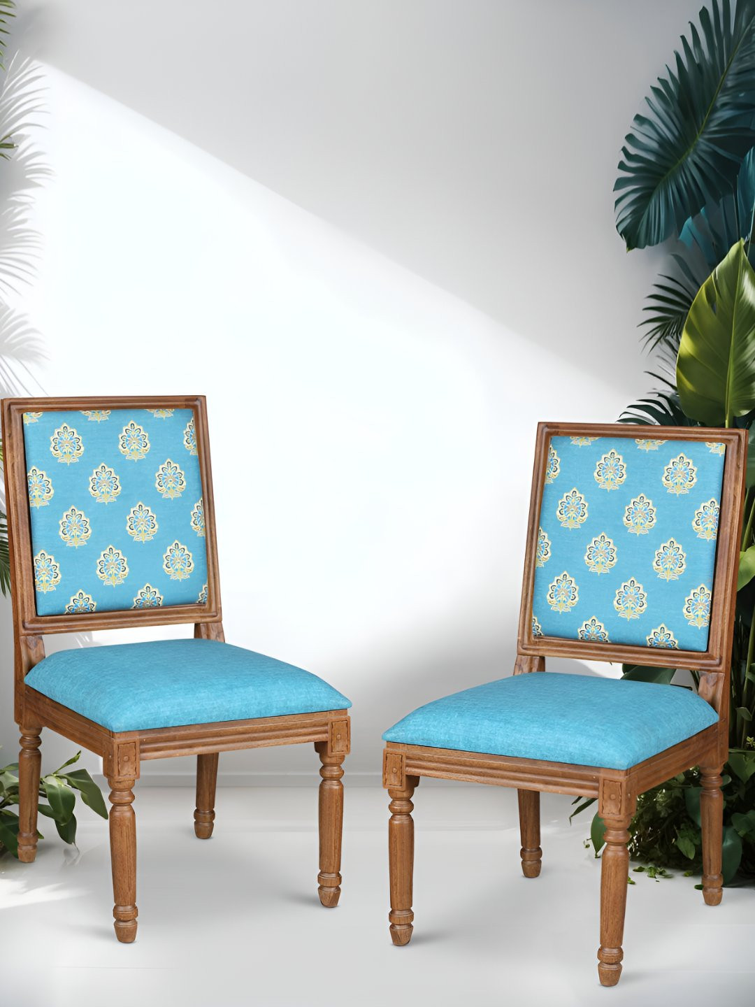 GLOBALLY INDIAN Blue & Brown 2 Pieces Printed Wooden Lounge Chairs