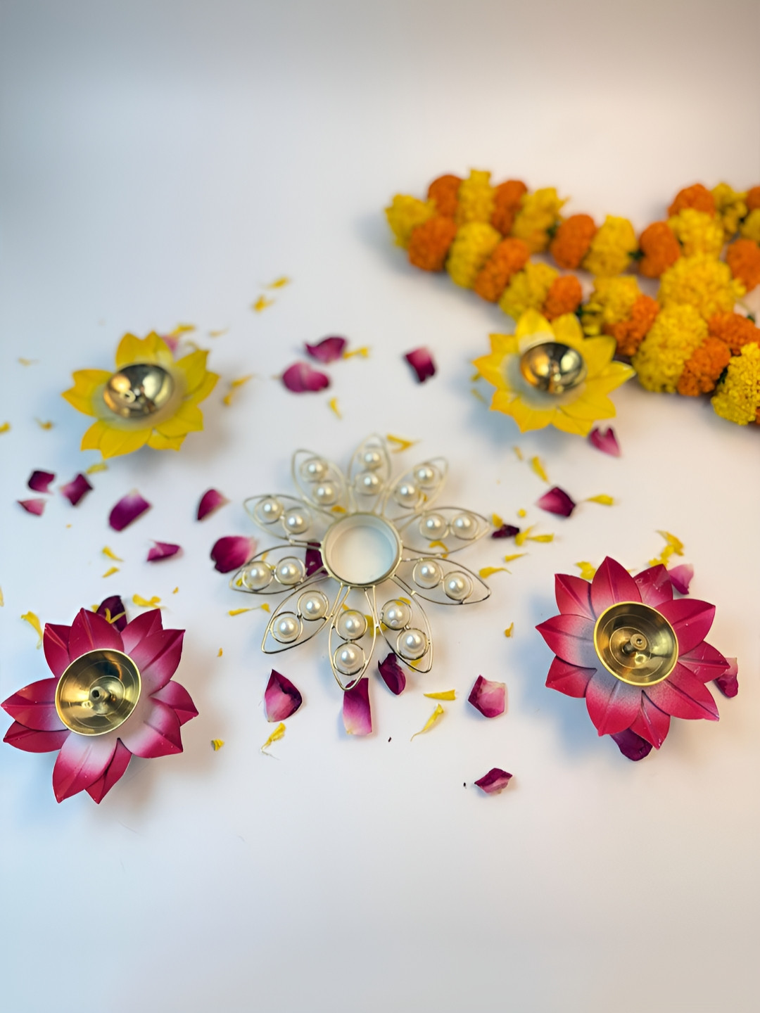 Giftii Gold Toned 5-Pieces Lotus & Pearls Embellished Tea-Light Candle Holders & Diyas