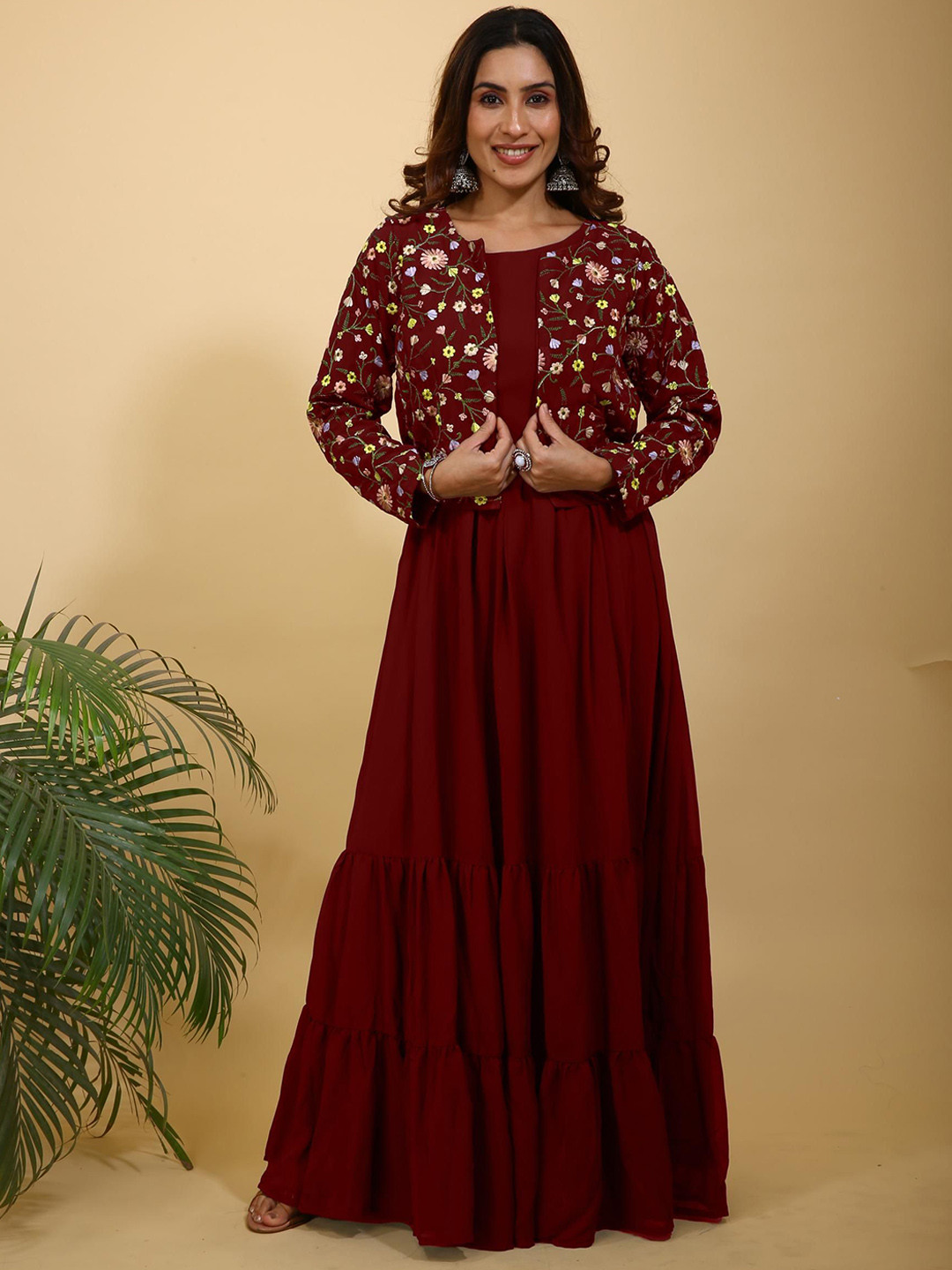 SANCIA Women Flared Gown Ethnic Dress With Embroidered Jacket