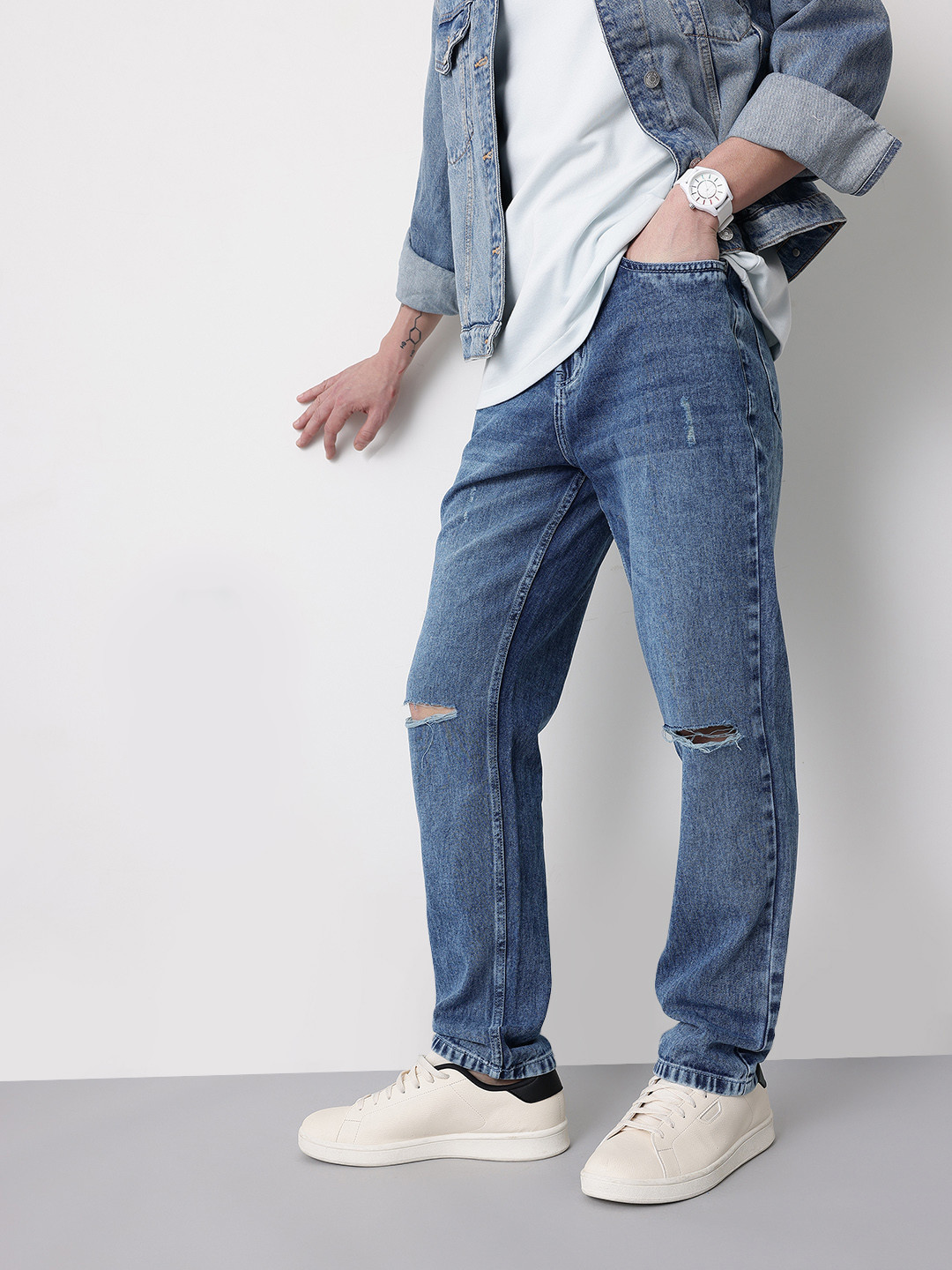 Mast & Harbour Men Relaxed Tapered Fit Ripped Jeans