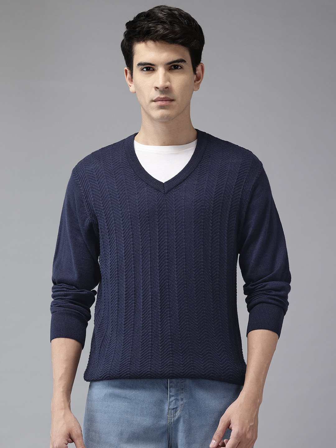 ColorPlus Solid Geometric Self-Design V-Neck Pullover