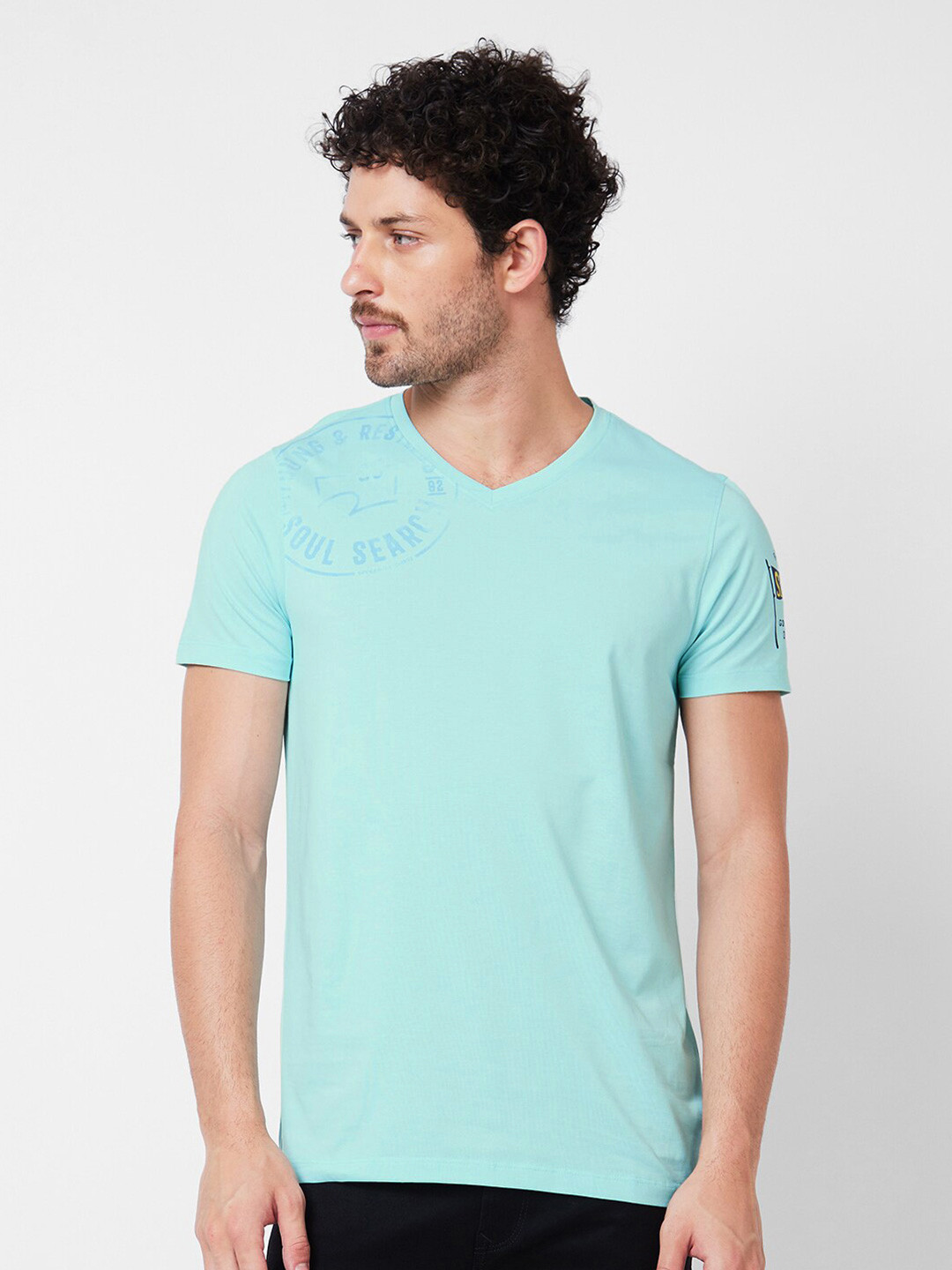 SPYKAR Typography Printed V-Neck Cotton Slim Fit T-shirt