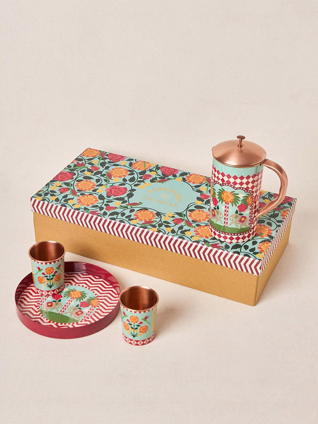 Chumbak Royal Tusker Copper Toned & Blue 4 Pieces Copper Daawat Gift Set