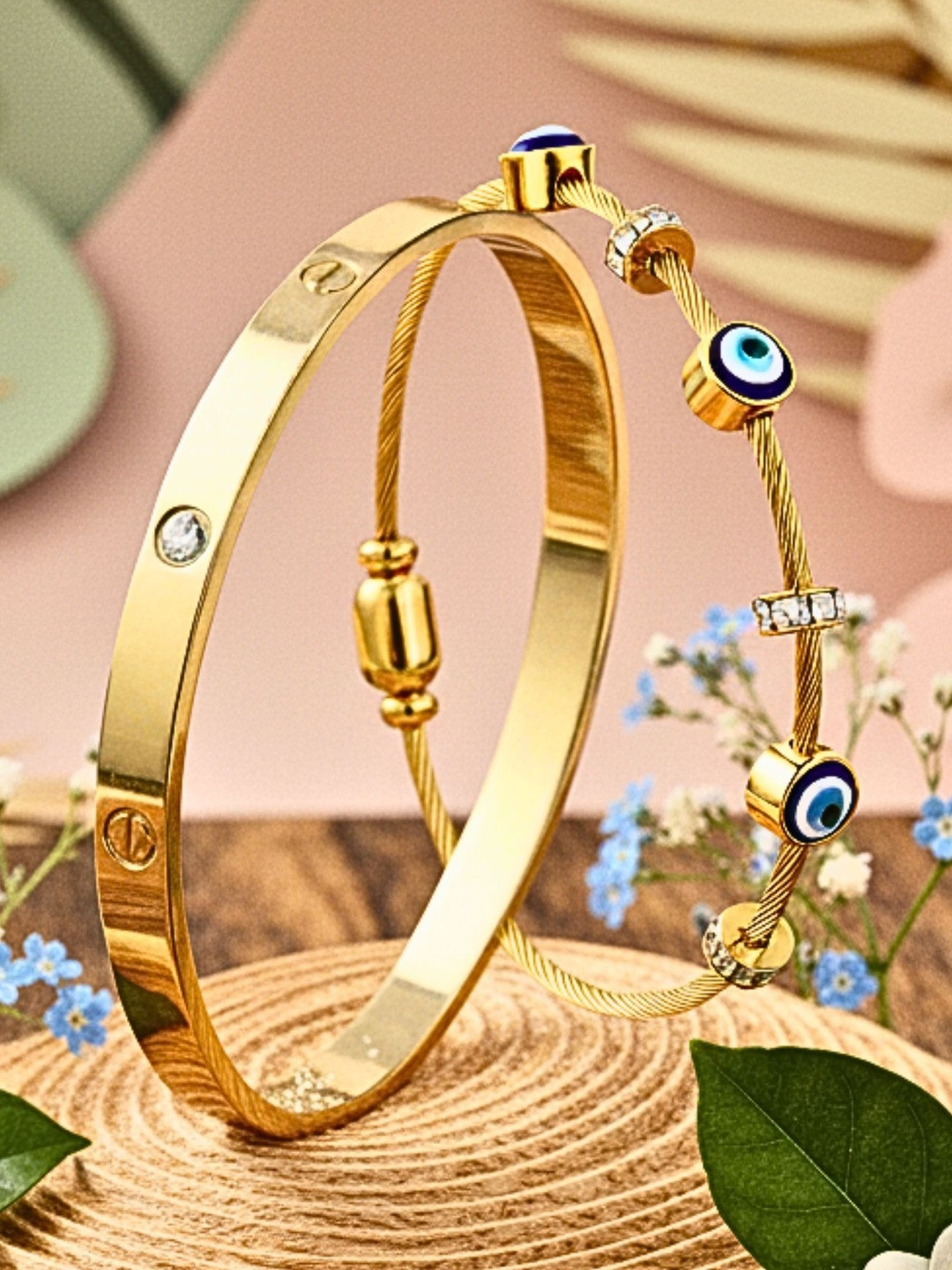 ORANGENYSHA Set Of 2 Stainless Steel Gold-Plated Anti Tarnish Evil Eye Bracelets