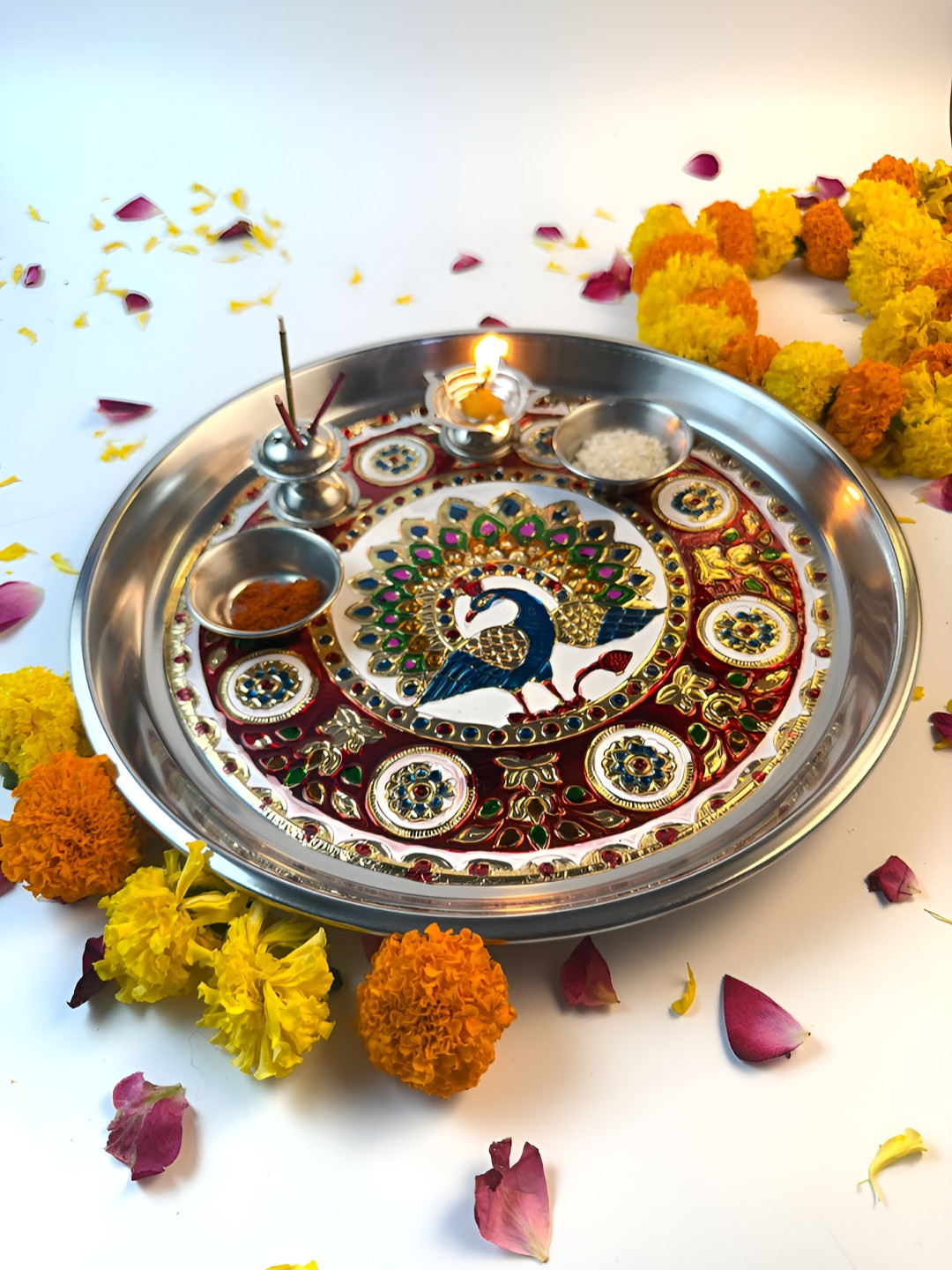 Giftii Red Textured Decorative Pooja Thali For Karwa Chauth