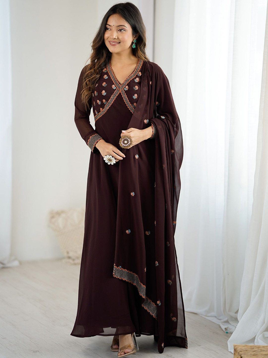Fusionic Floral Embroidered Anarkali Gown Georgette Ethnic Dress With Dupatta