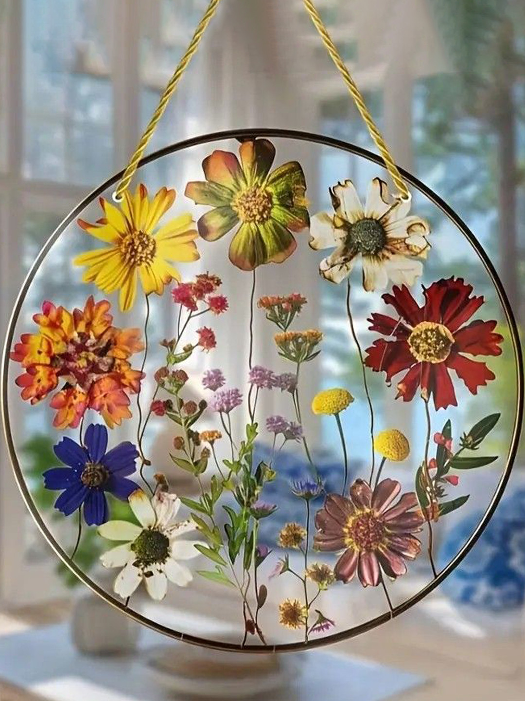 BS AMOR Red & Yellow Hanging Flower-Wall Round UV-Printed Suncatcher