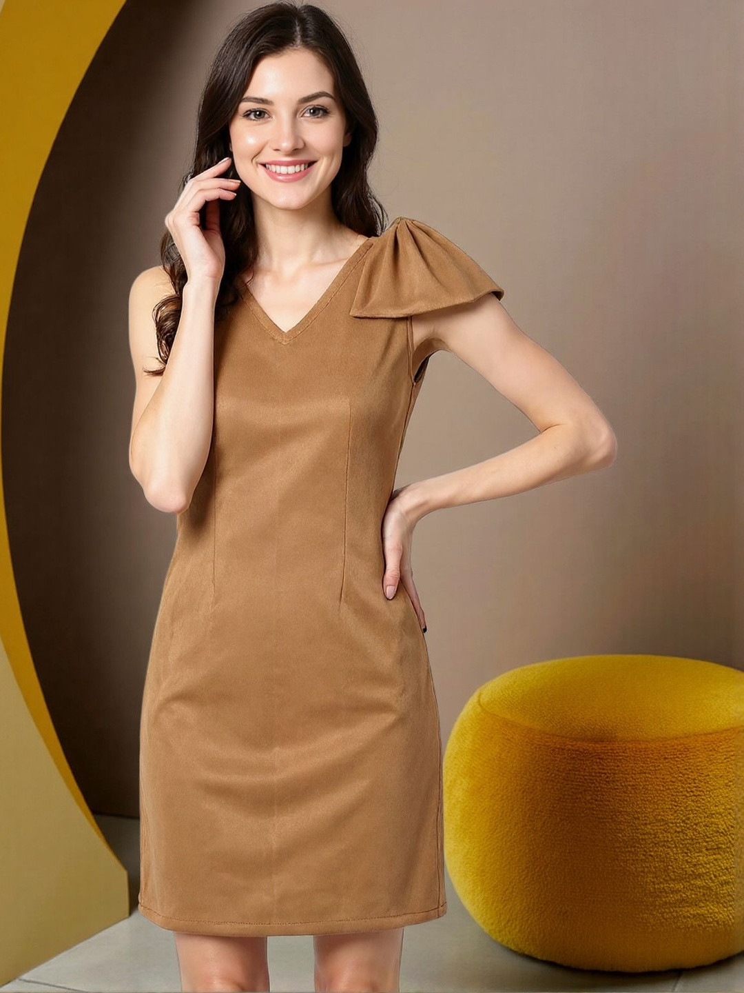 SZN Puff Sleeve V-Neck Fitted Side Bow Knee Length Sheath Dress