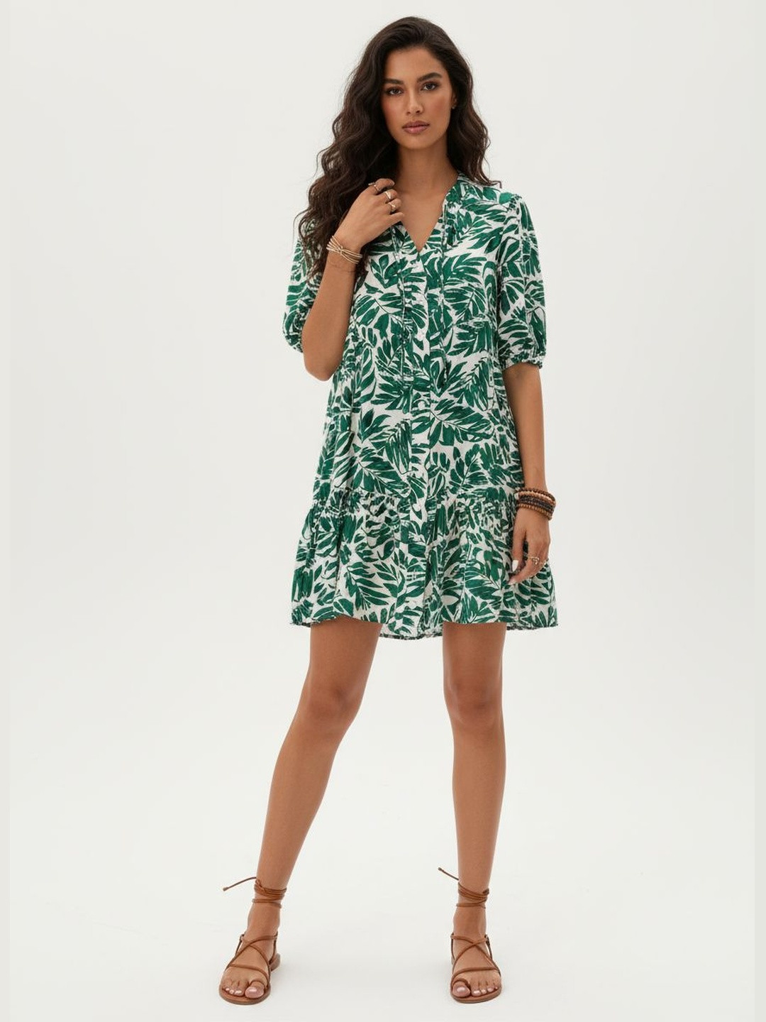 DressBerry Green & White Tropical Print A-Line Dress