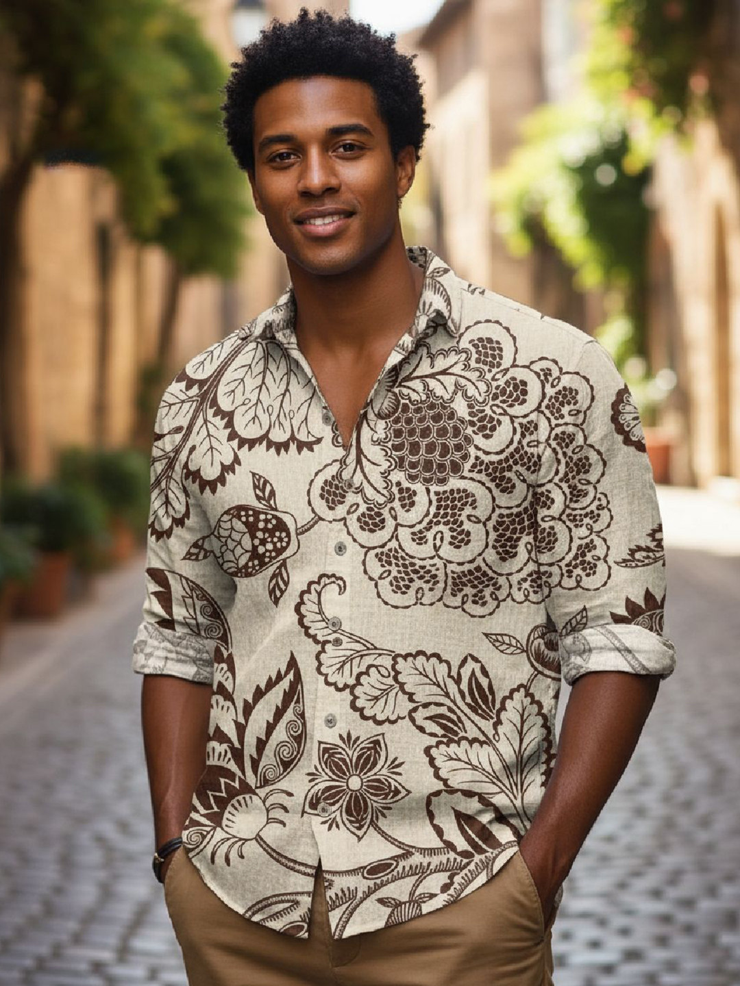 Bought First Men Floral Printed Linen Shirts