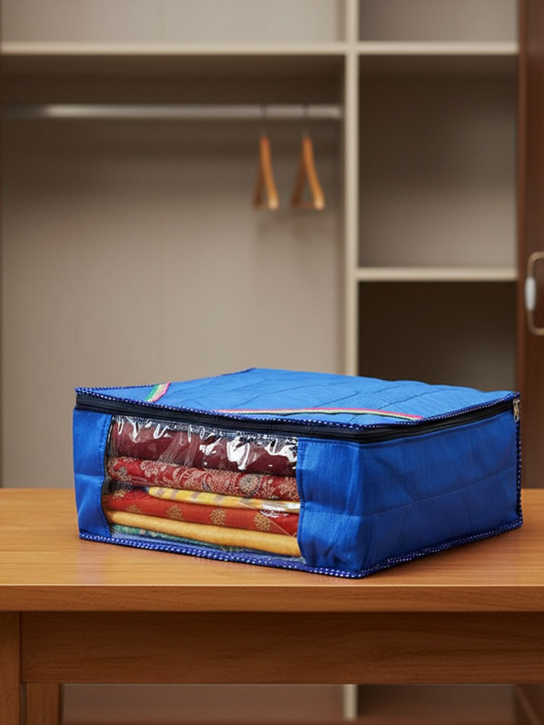 Kuber Industries Blue & Transparent Silk Saree Cover With Zip Closure