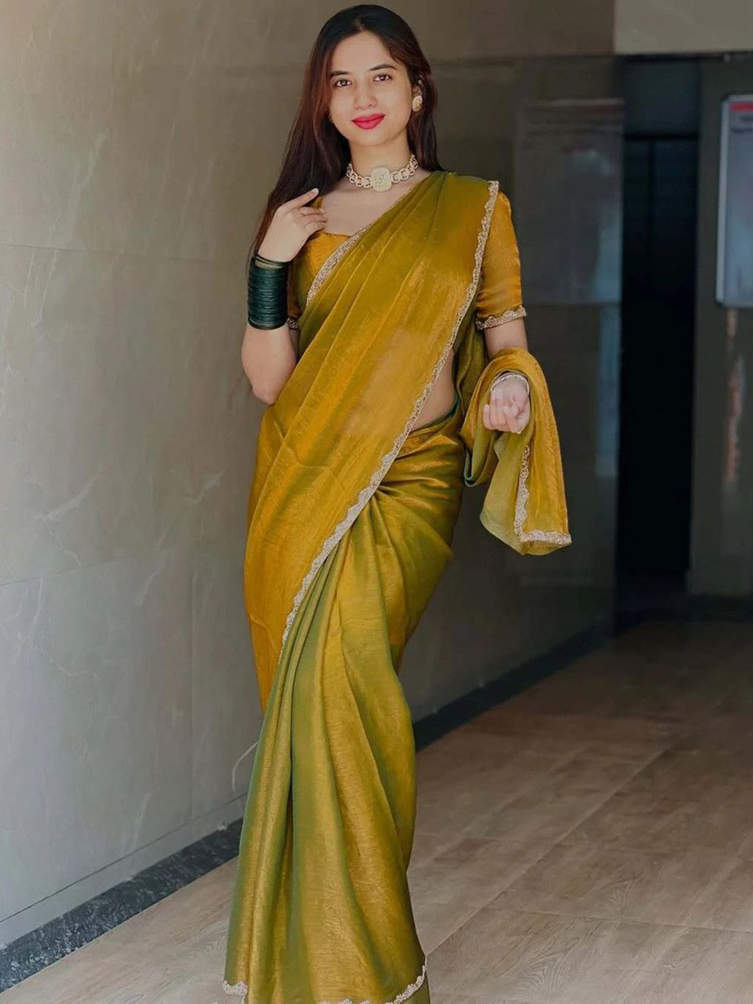 LOROFY Women Solid Beads And Stones Saree With Blouse
