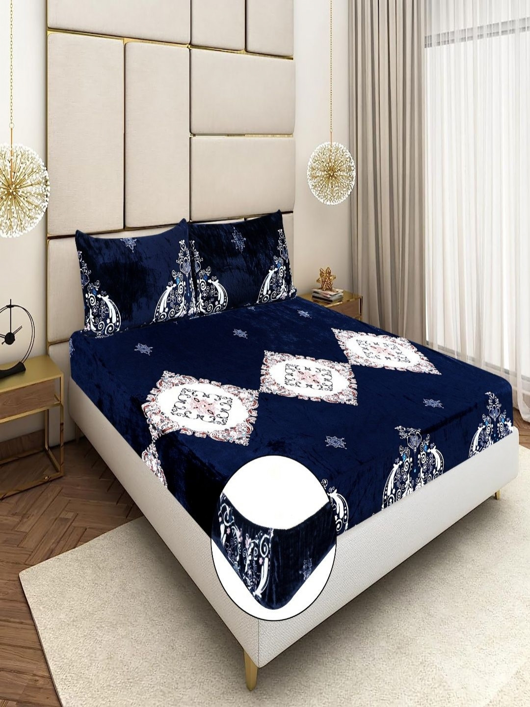 Terryfox Blue And White Printed Velvet 350 TC Double Bedsheet - 2.23 m x 1.45 m