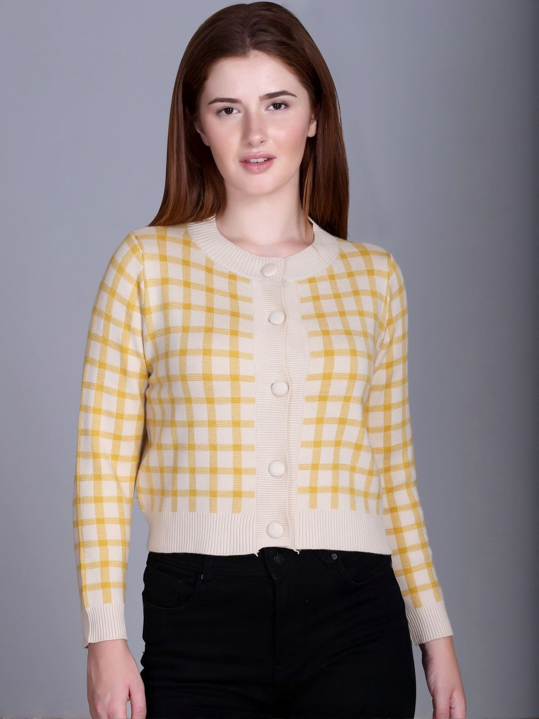 BLESSINTIMATES Women Checked Button-Up Knit Woolen Crop Cardigan