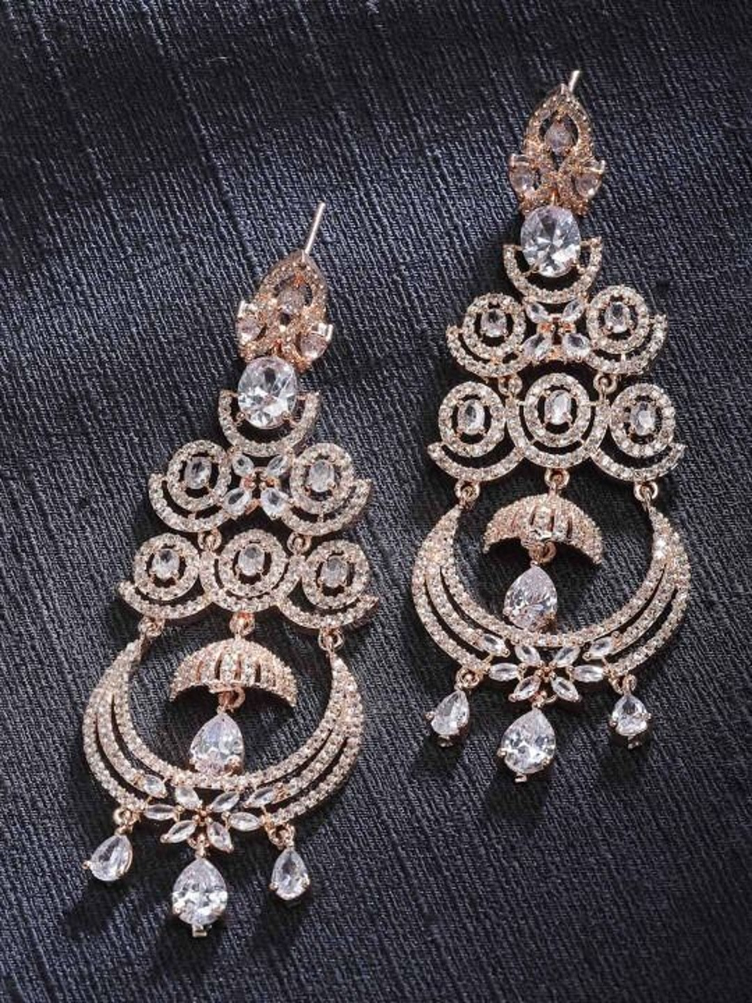 Gemron Jewel Rose Gold-Plated American Diamond Studded Chandelier Crescent Drop Earrings