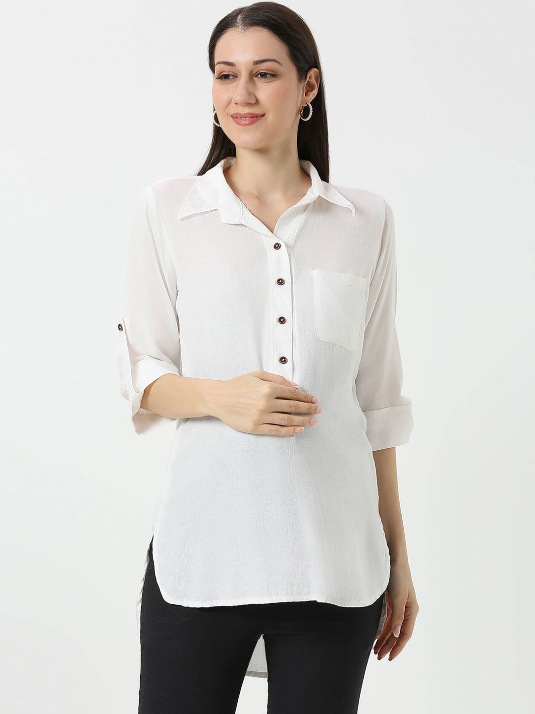 Mom For Sure by Ketki Dalal Women Shirt Collar Roll-Up Sleeves Top