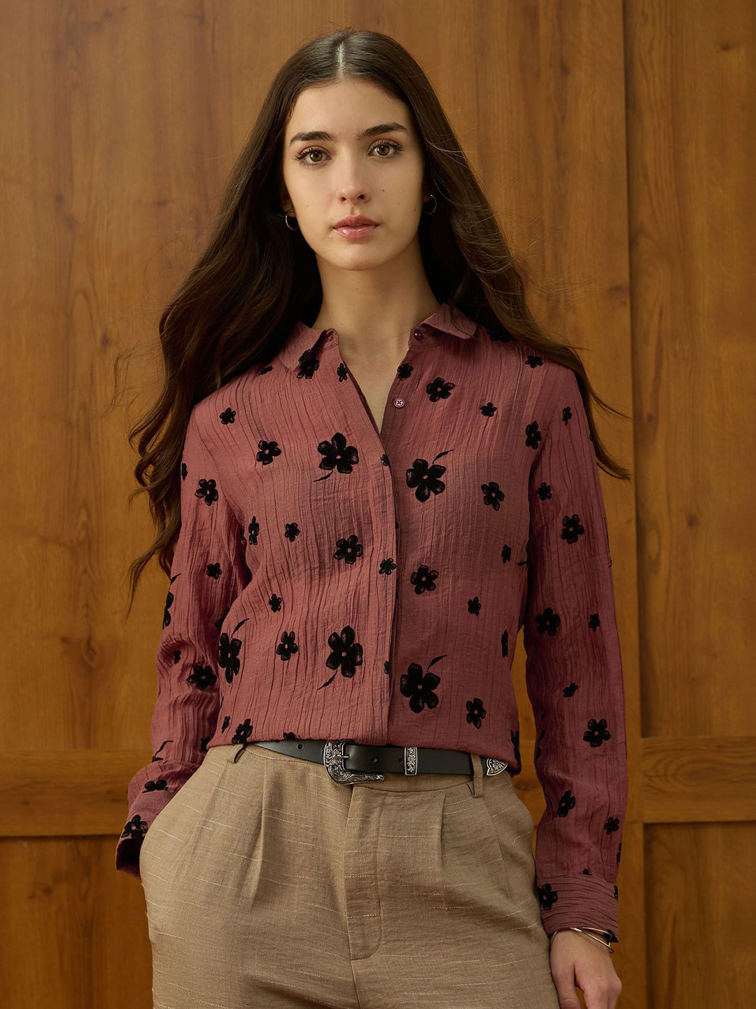 U.S. Polo Assn. Women Floral Self Design Spread Collar Casual Shirt