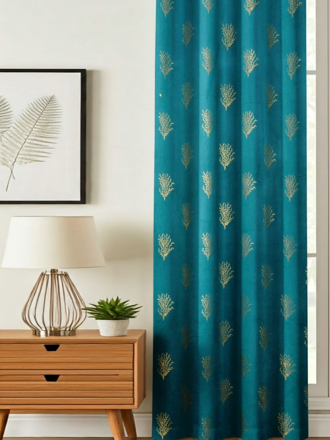 GEET CREATIONS Teal & Gold-Toned Floral Printed Room Darkening Velvet Window Curtain