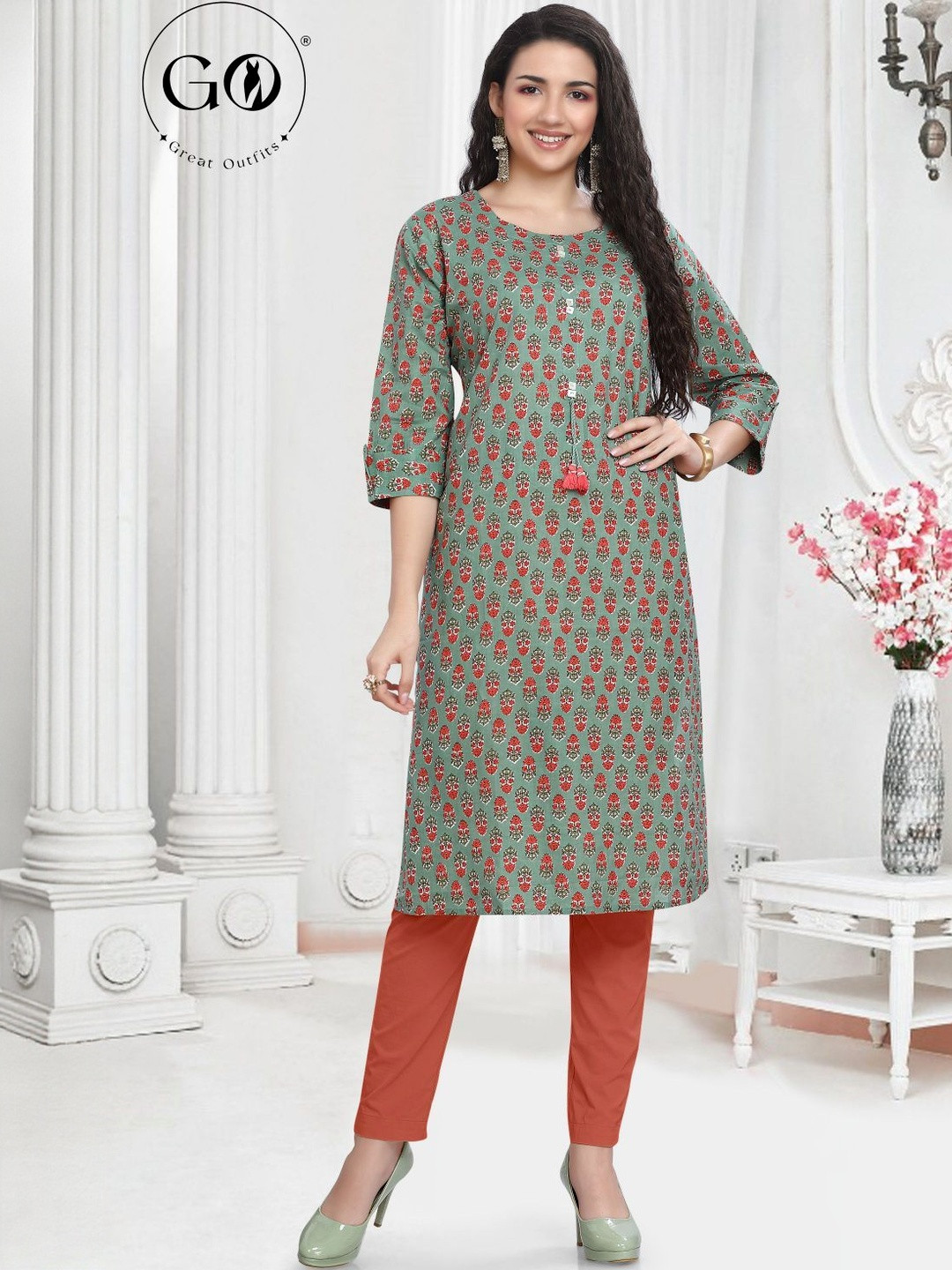 GREAT OUTFITS Floral Printed Round Neck Pure Cotton Kurti
