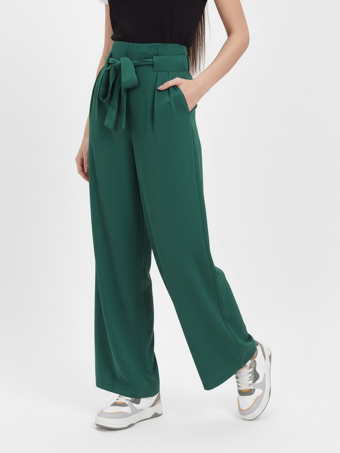 DressBerry Women High-Rise Pleated Wide Leg Trousers Comes With a Belt