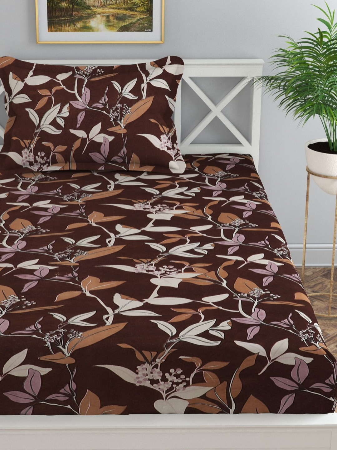 Florida Coffee Brown & White Floral Printed 120 TC Single Bedsheet With 1 Pillow Cover