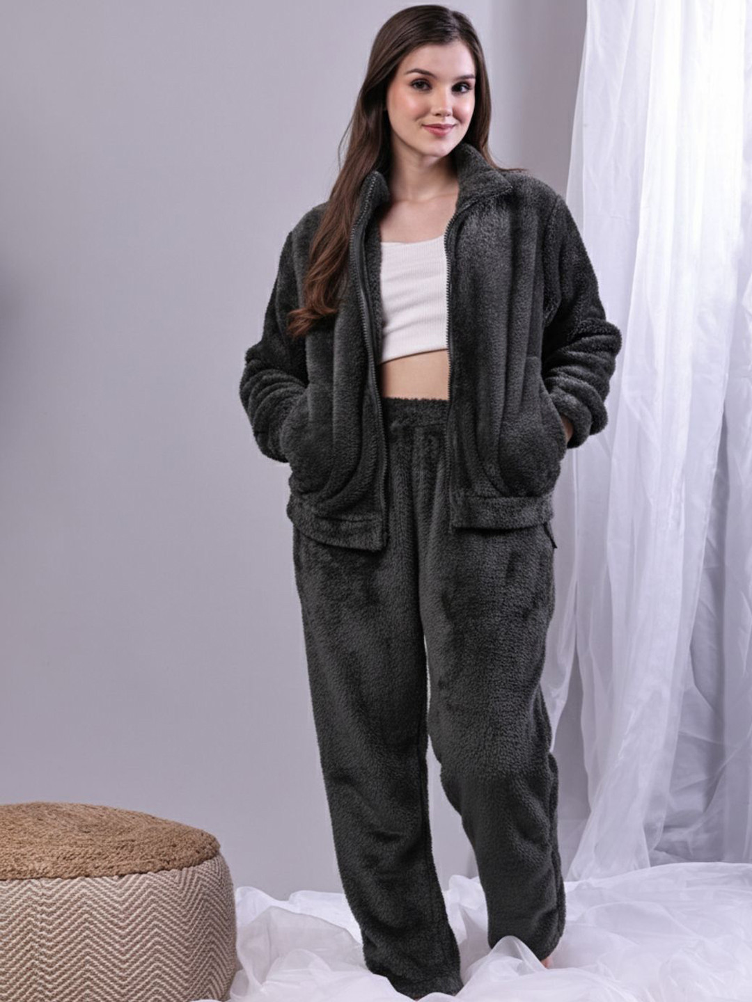 TAG 7 Women Fur Winter Shirt Collar Top Drawstring Pyjama Full Zip Night Suit