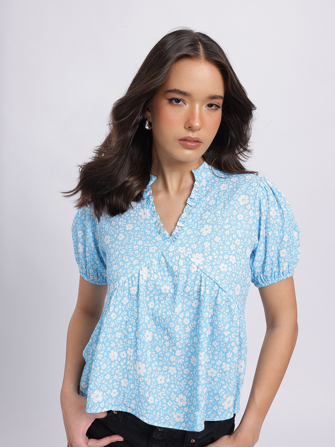 Blue Floral V-neck Puff Sleeve Top
