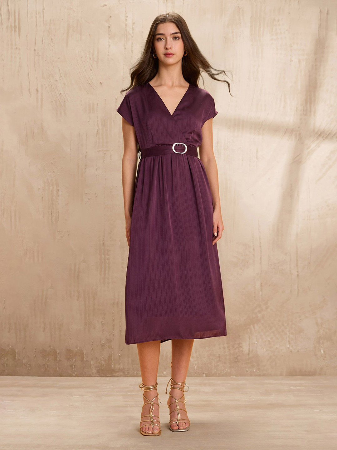 U.S. Polo Assn. Women Self Design Extended Sleeves Wrap Midi Dress With Belt